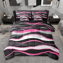 Manfei Pink White Black 7-Piece Twin Bedding Sets,Waves Lines Bedding Comforter Set,Minimalism Geometric Striped Sheet Sets For Girls Boys,Super Cozy Room Decor Reversible