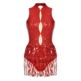 thumbnail image 3 of Doomiva Women's Shiny Sequins Tassel Latin Jazz Dance Leotard Bodysuit Sleeveless Backless Dance Dress Red S, 3 of 7