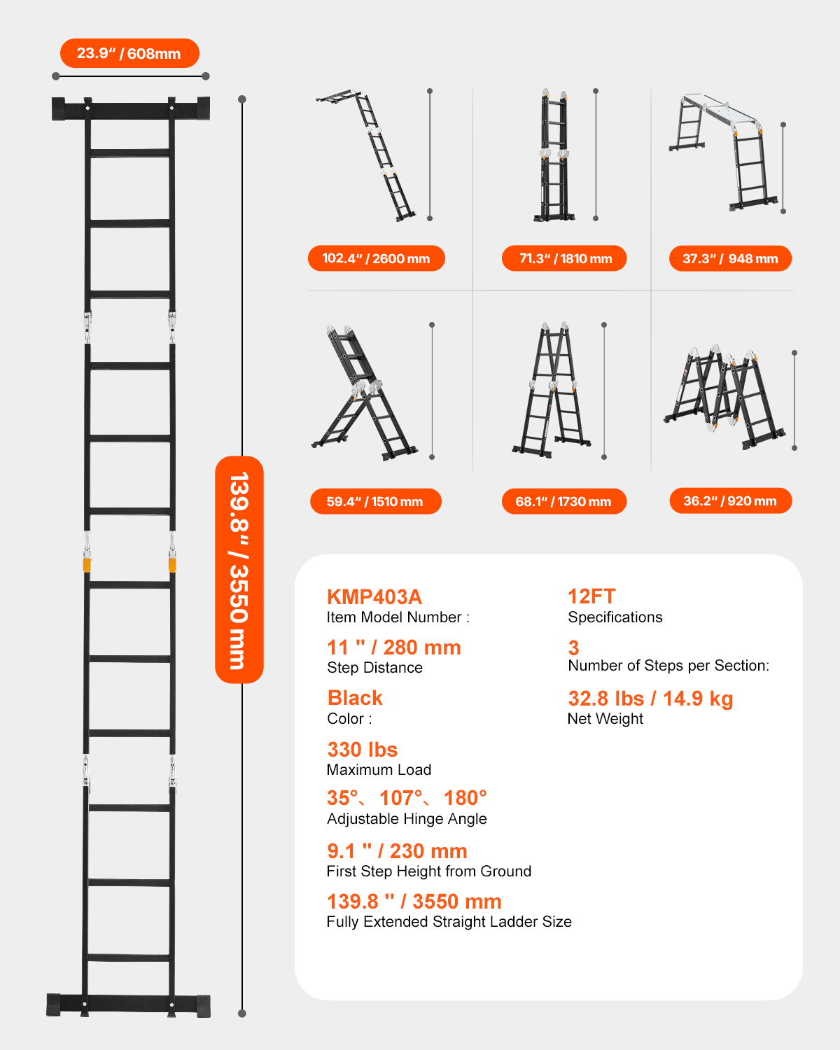 KFFKFF 7-in-1 Multi-Functional Folding Ladder, 12ft Reach photo 7