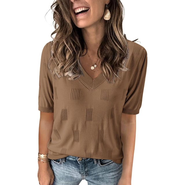 Arach&Cloz Women's V-Neck Short Sleeve Special Rib Knitted Pattern Casual Tops Sweater Spring Summer 2025