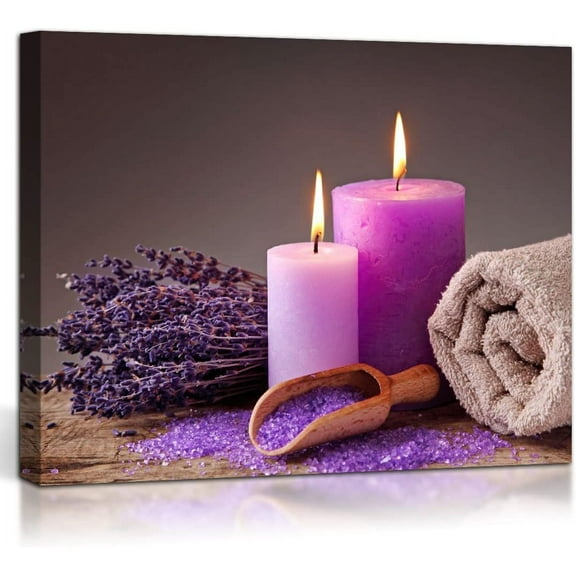 Bathroom Canvas Wall Art Purple Candles and Lavender Flowers Painting Wall Decor Still Life Picture for Living Room Spa Bedroom Decoration Romantic Modern Home Decor Artwork Ready to Hang 12x16inch