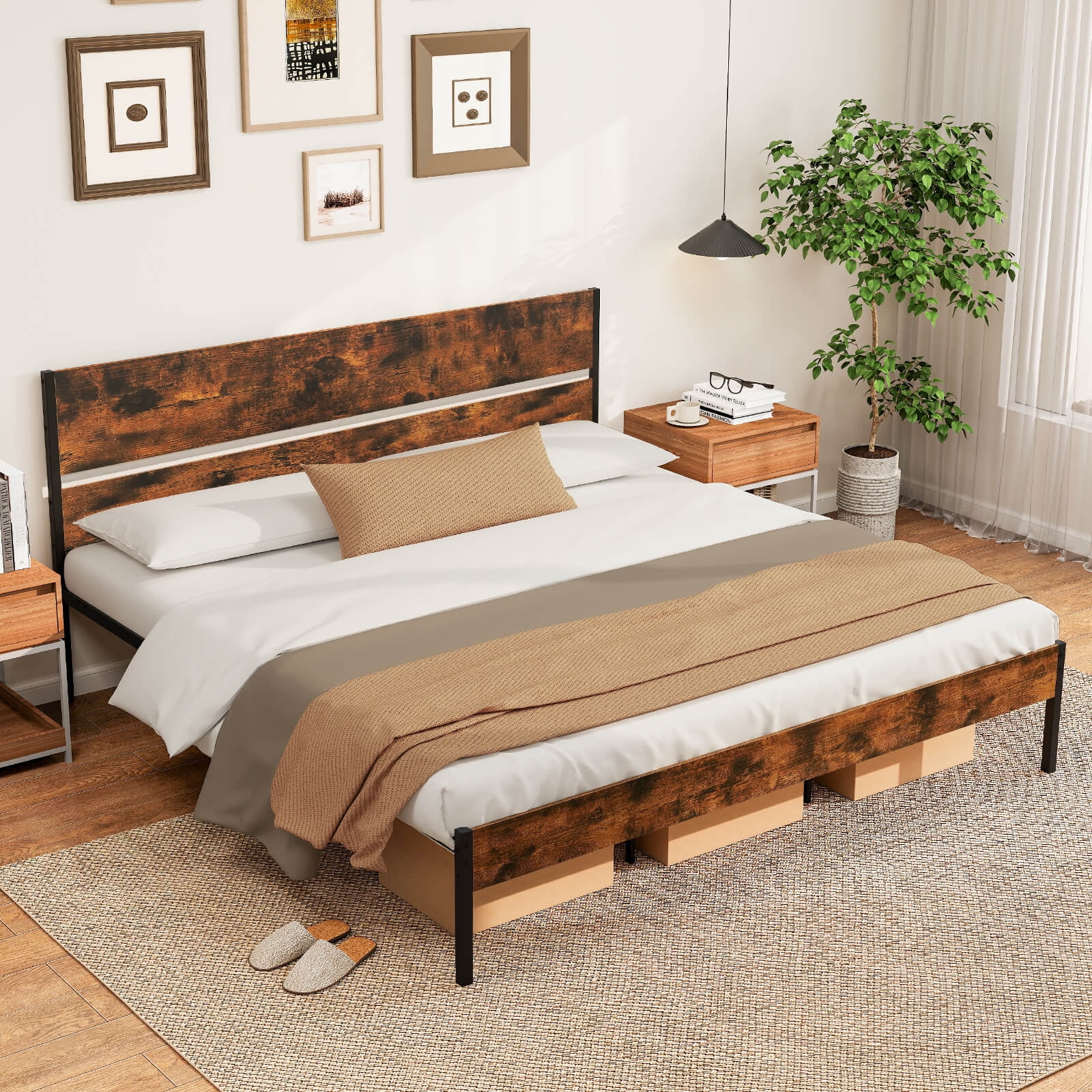 Infans King Size Bed Frame w/ Wooden Headboard Under-Bed Storage No Box Spring Needed