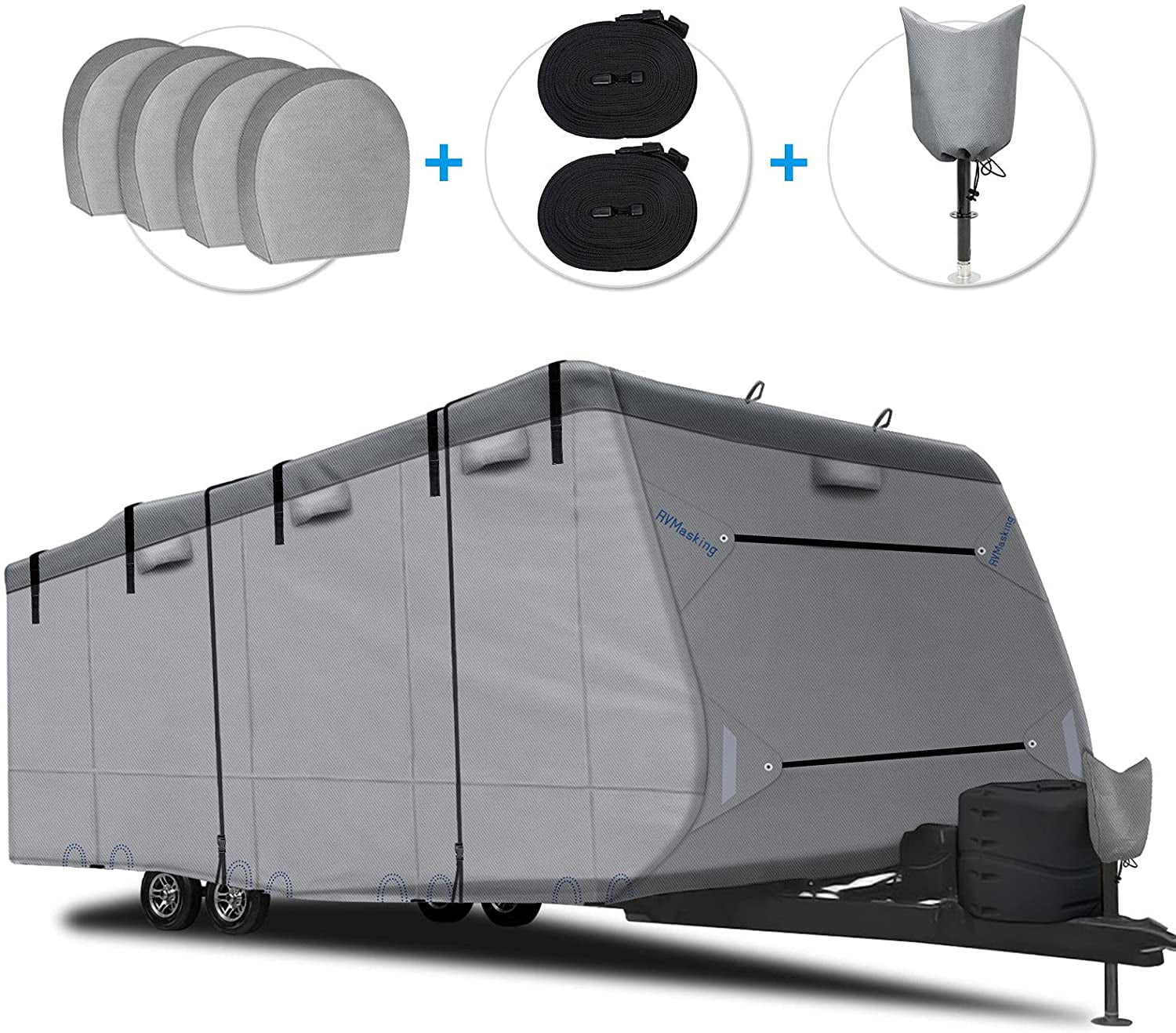 Tongue Jack Cover Anti-uv Prevent Top Tearing Due to Sun Exposure RV Cover Windproof Upgraded Extra Thick 4 Layers Top Travel Trailer RV Cover Camper Cover with 4 Tire Covers 