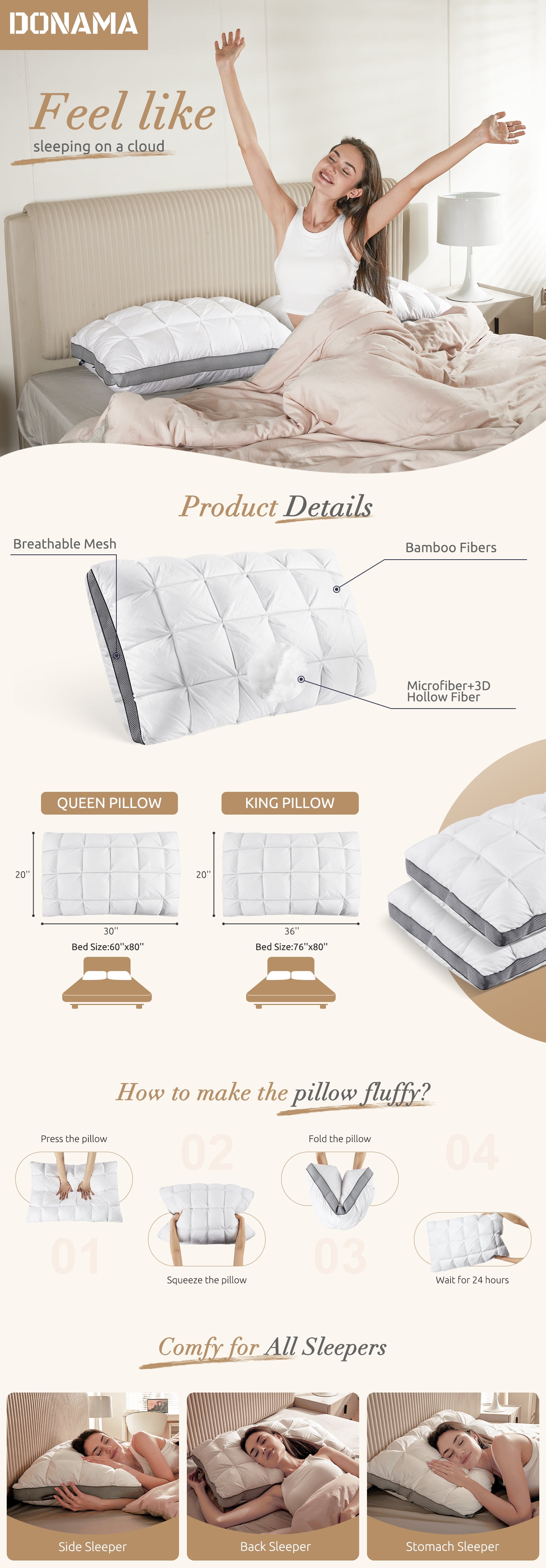 Hotel Cervical Pillow for Sleeping – Ergonomic Contour Neck Support Bed Pillow, Fluffy and Supportive for Side, Back & Stomach Sleepers