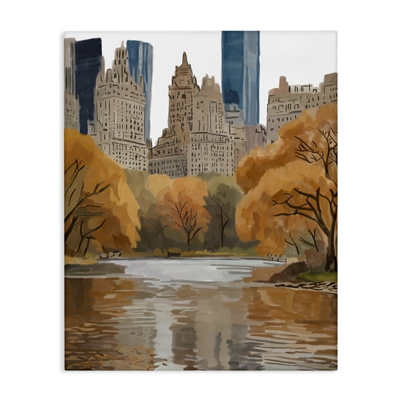 Stupell Industries Autumnal New York Across River Cityscapes Painting Wrapped Canvas Canvas Art Print Wall Art, 16 x 20