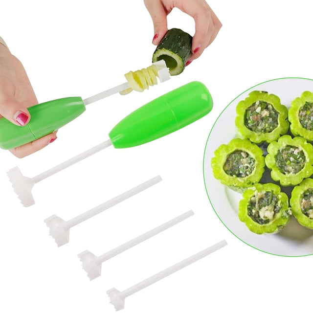 1PC Potato Fry Cutter Fruit Corkscrew Multifunctional Vegetable Corer 4 Size Interchangeable Head Vegetable Screwdriver Digging Kitchen Gadget Cooking Tool For Removing From Vegetables Green
