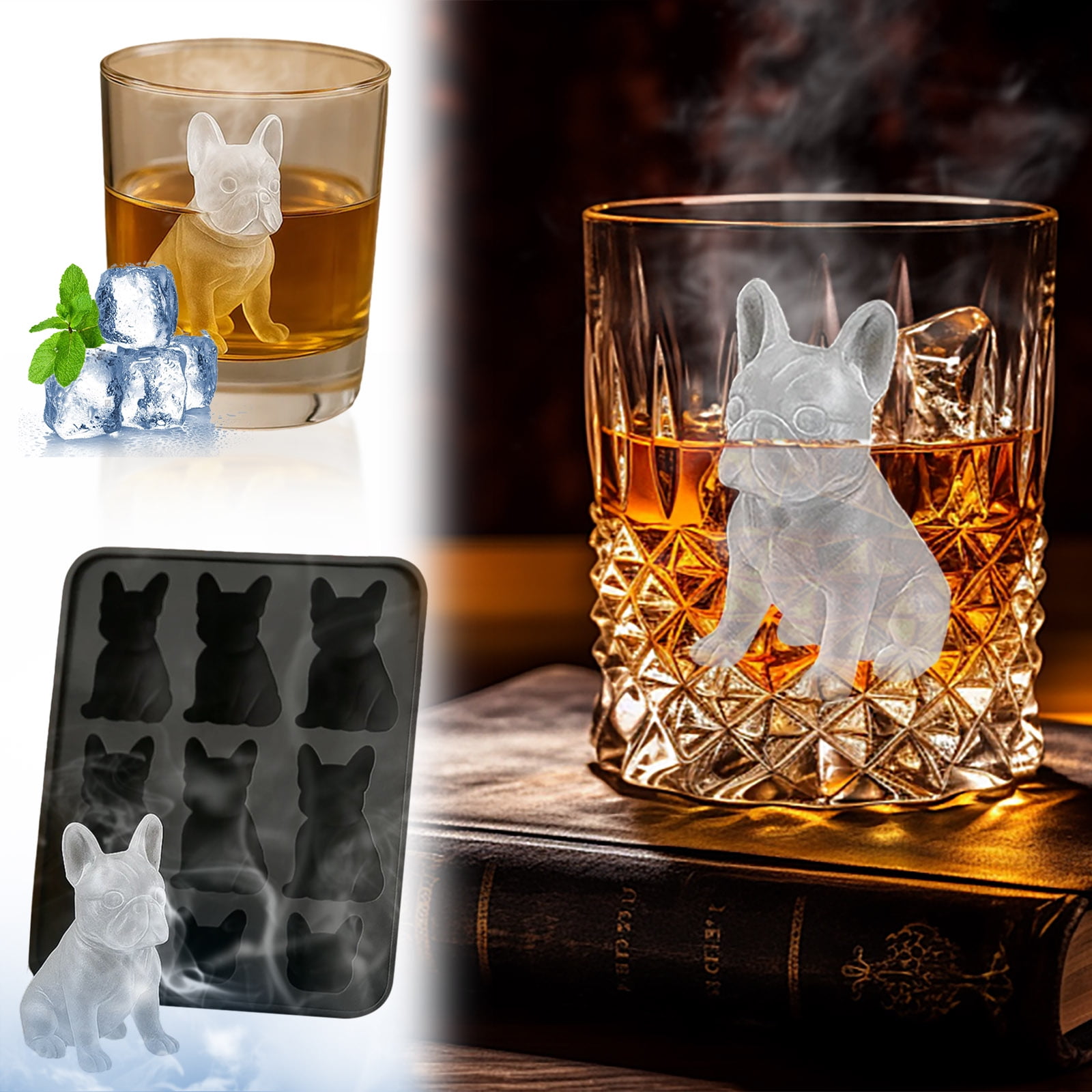 French Bulldog Ice Mold - 3D Silicone Dog Shape Ice Tray, 9 Hole Molds with Homemade Drink Decoration, Fun Cute Novelty Animal Shape 3D Popsicle Molds for Bulldog Lover, Whiskey Party Drinks