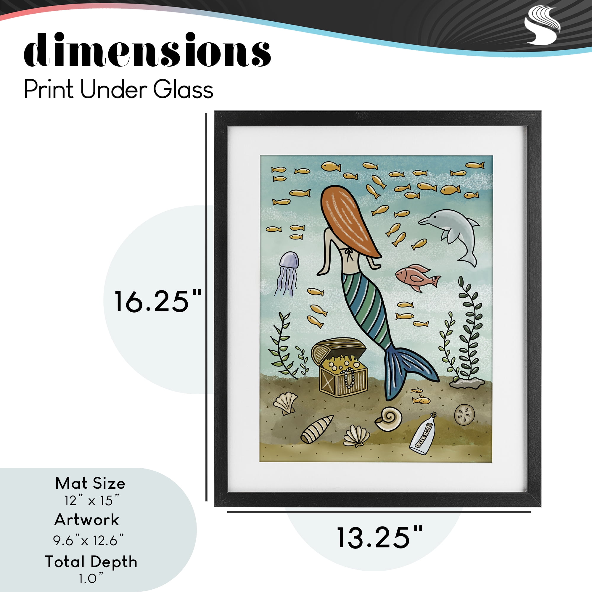 Mermaid Treasure Love Note Black Framed Print Under Glass, design by Jennifer Stith