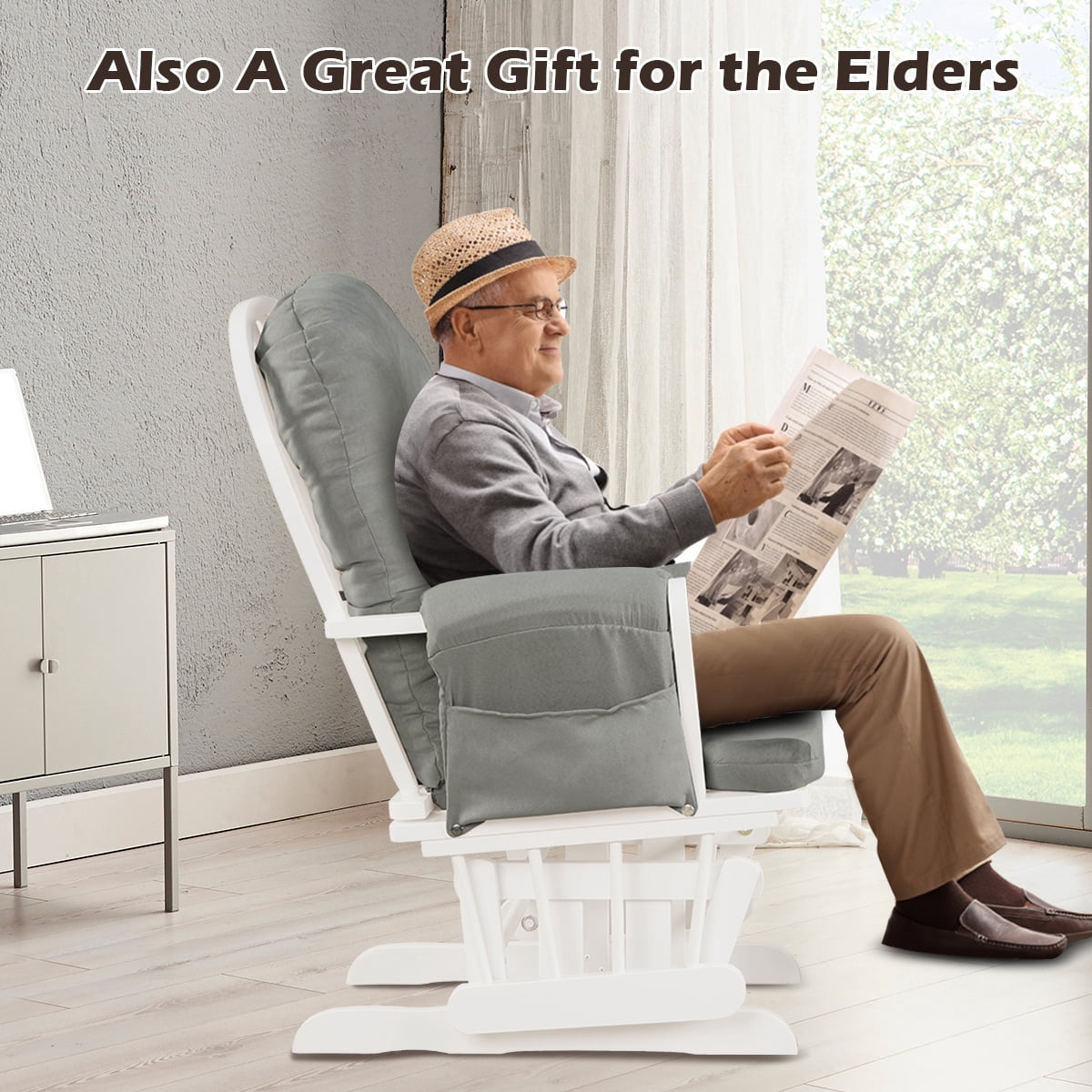 Infans Glider & Ottoman Cushion Set Wood Baby Nursery Rocking Chair Light Grey