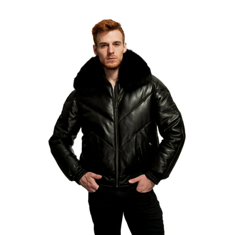 MEN'S ORIGINAL GOOSE DOWN BOMER LEATHER JACKET WITH REMOVABLE HOOD BUTTER  SOFT