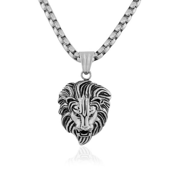 Stainless Steel Lion Head King Animal Large Mens Pendant Necklace, 24"