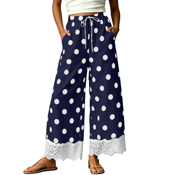 Bzdzmqm Women Plus Size Wide Leg Striped High Waisted Flowy Casual Lounge Pants Summer Beach Vacation Cropped Trousers Fashion Clothes, Dark Blue M
