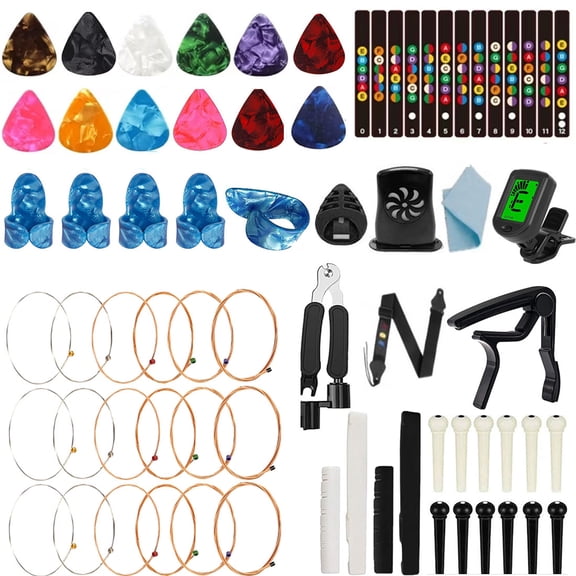 Acoustic Guitar Accessories Kit, acoustic Guitar Strings, tuner, guitar capo, 3-in-1 restring tool, guitar picks, pick holder, bridge pins, guitar nuts saddles, finger picks,Guitar Accessories