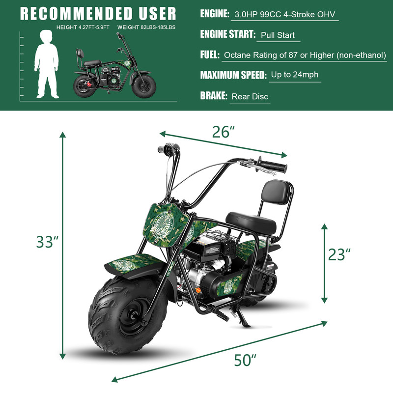 Oryxearth Basic OGM99 Gas Powered Mini Dirt Bike,99CC 4 Stroke Off Road Bike for Teens and Adults,up to 18 MPH, Green