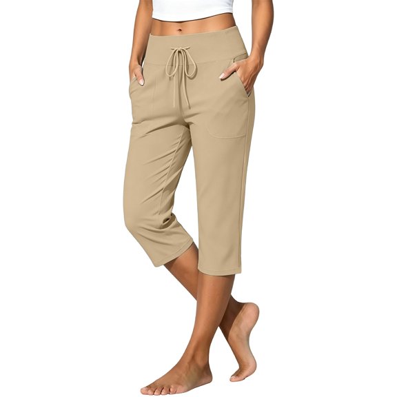 Nooxsoe Women High Waist Drawstring Straight Yoga Capri Pants Elastic Pull On Waist Mid-Calf Cropped Trousers with Side Patch Pockets Stretch Tummy Control Workout Lounge Travel Bottoms Beige L