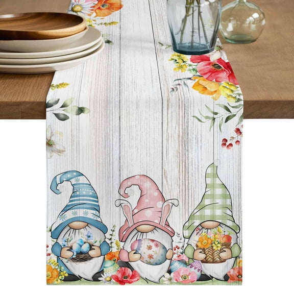 Gnomes Easter Table Runner 70 Inches, Eucalyptus Spring Floral Eggs Leaves Wooden Bed Runner Dresser Scarves Tabletop for Indoor Outdoor Parties/Ceremony/Banquet, 13" x 70"