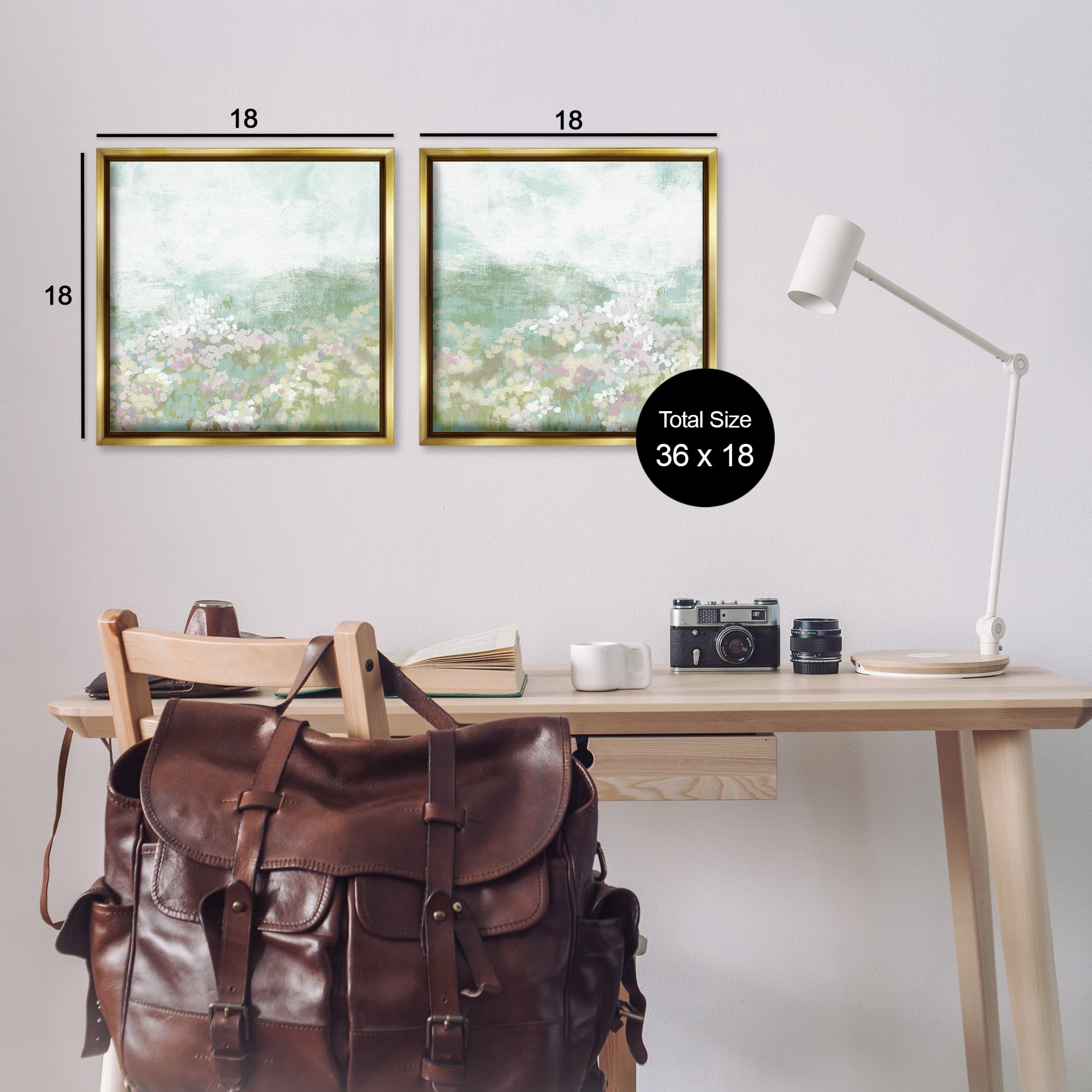 Stupell Industries Muted Pastel Flower Field Landscape & Nature Painting Gold Floater Framed Canvas Art Print Wall Art, 18 x 18, Set of 2