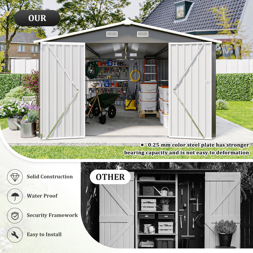 10x14 FT Metal Storage Shed with 2 Lockable Doors & 4 Vents, Sloped Roof Outdoor Garden Shed for Backyard & Patio，dark Grey