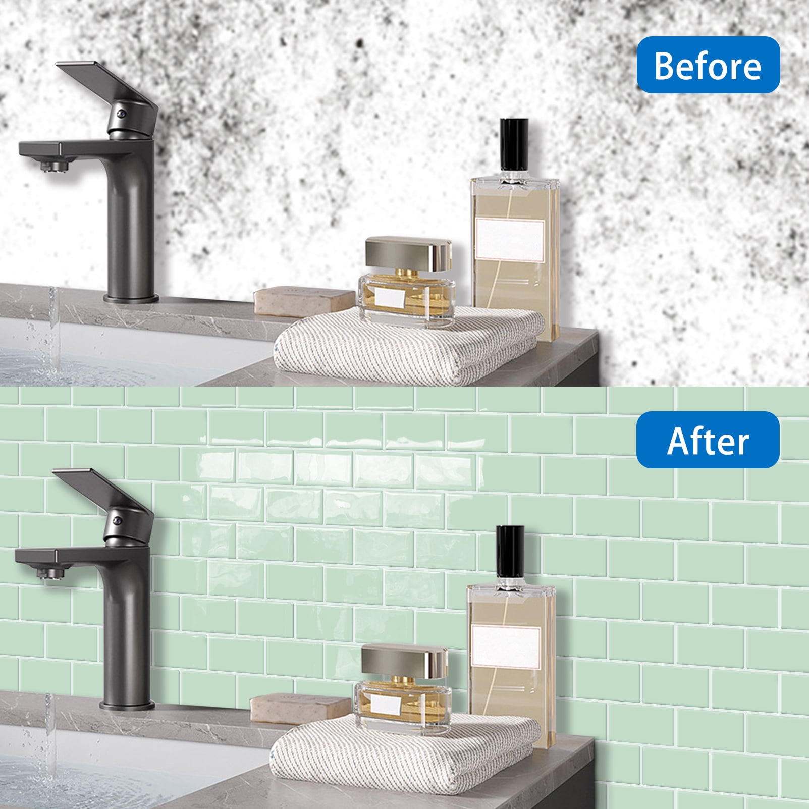DEWOO Peel and Stick Backsplash - 10 Sheets of 12"×12" - 3D Adhesive Peel and Stick Tile Backsplash for Kitchen, Bathroom, Wall Tile, Light Green