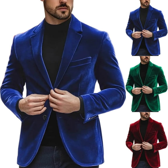 BiZtdJrK Stylish Dress Jacket for Men Velvet Lapel Collar Long Sleeve Two Button Sport Coats Prom Wedding Party Suit Jakcets Blue S