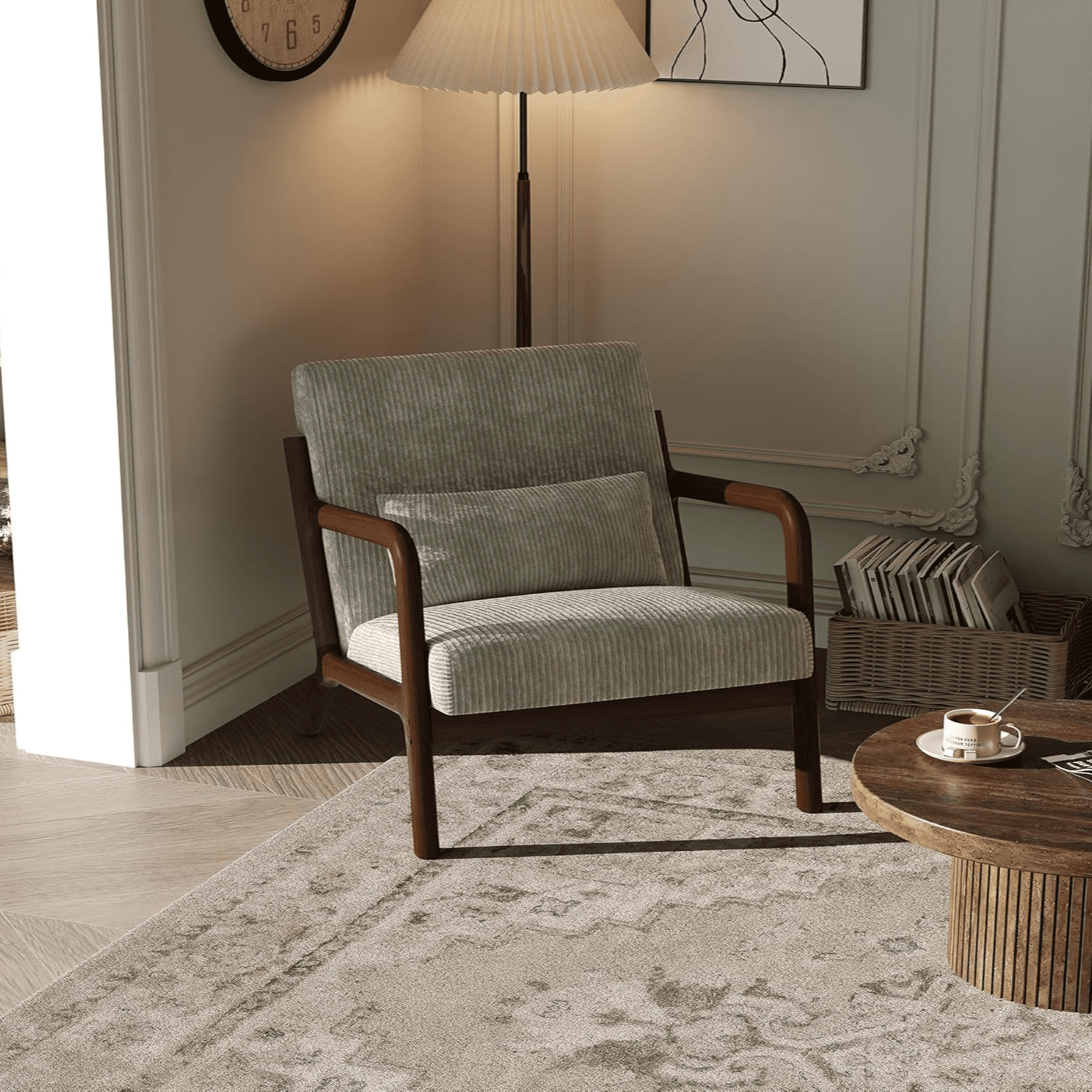 Mid-Century Modern Accent Chair – Wide-Wale Corduroy Upholstery High Back Wood Frame & Lumbar Pillow – Cozy Reading Armchair for Living Room Bedroom & Waiting Room