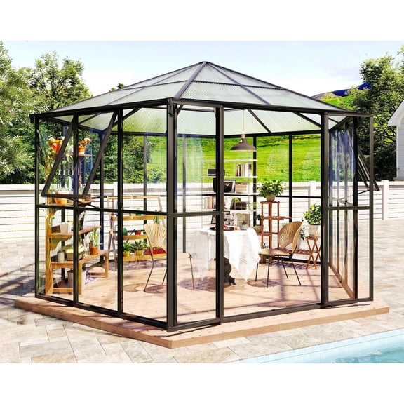 LUXOAK 12x10x8 ft Hexagonal Greenhouse for Outdoors, Quick-Connectors, Aluminum Frame with 2 Vents, 2 Swing Doors, Walk-in Design for Garden, Black