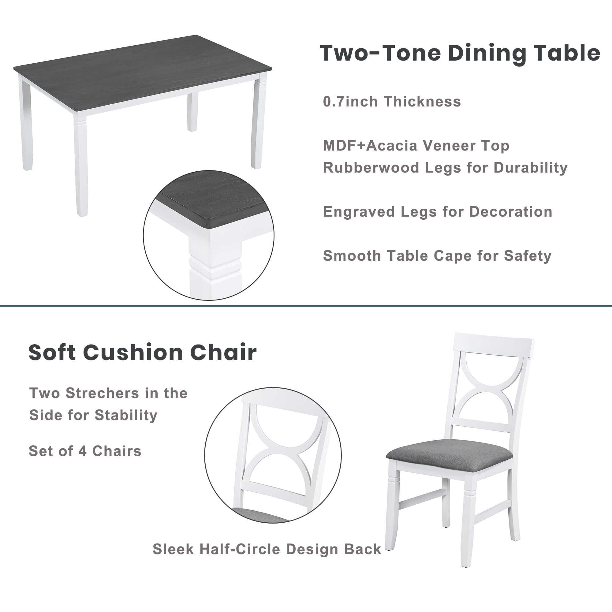 Harper & Bright Designs Farmhouse 6 Pieces Dining Table Set for 6, Solid Wood Kitchen Table Set with 4 Upholstered Chairs and Bench, White