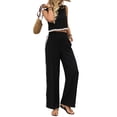 thumbnail image 2 of Womens Summer 2 Piece Outfits Sleeveless Cropped Tank Button Back Top Wide Leg Pants Linen Set Black XL, 2 of 9