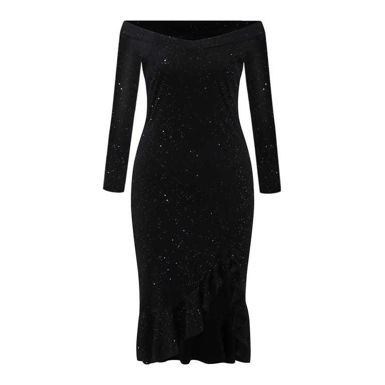 Ftwytp Plus Size Cocktail Dresses for Curvy Women Long Sleeve Bodycon Ruffle Vintage Work Midi Pencil Dress Women's Solid Color High Waist Mid Length