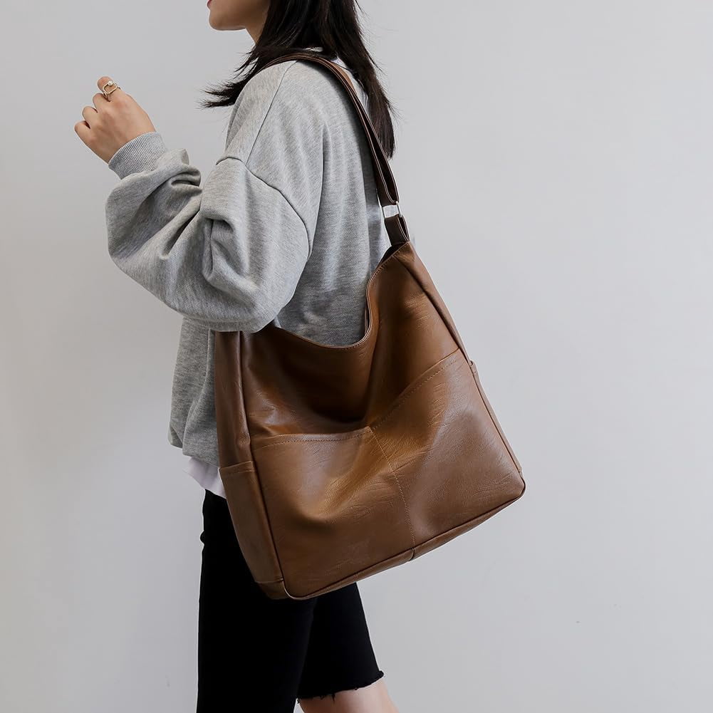 Kukuzhu Faux Leather Tote Bag with Pockets Women Shoulder Bag College Tote Bag Hobo Crossbody Bag for Work Travel