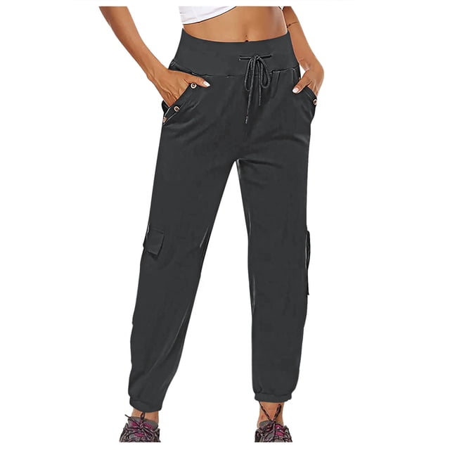 Joggers Pants Women High Waisted Cargo Pant with Pockets Button Drawstring Elastic Waist Polyester Athletic Sweatpants Casual Slim Leg Cropped Pants