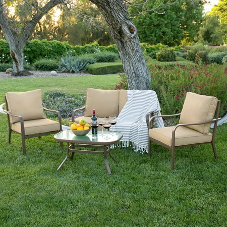 Small Space Patio Seating Best Choice Products 4-Piece Cushioned Furniture Conversation Set for Backyard, Patio, Lawn, Poolside w/ Loveseat, 2 Chairs, Coffee Table - Beige ()