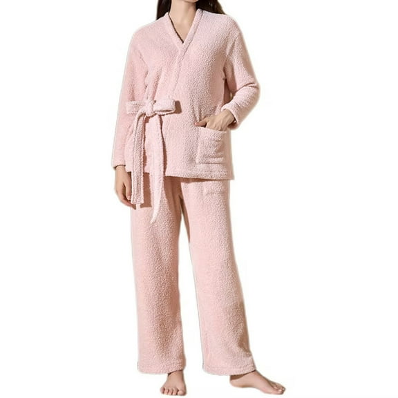 2024 Women's Coral Fleece Pajamas Fuzzy Warm Kimono Bathrobe and Pants Sets 2pc Soft Flannel Thick Cozy Loungewear for Winter