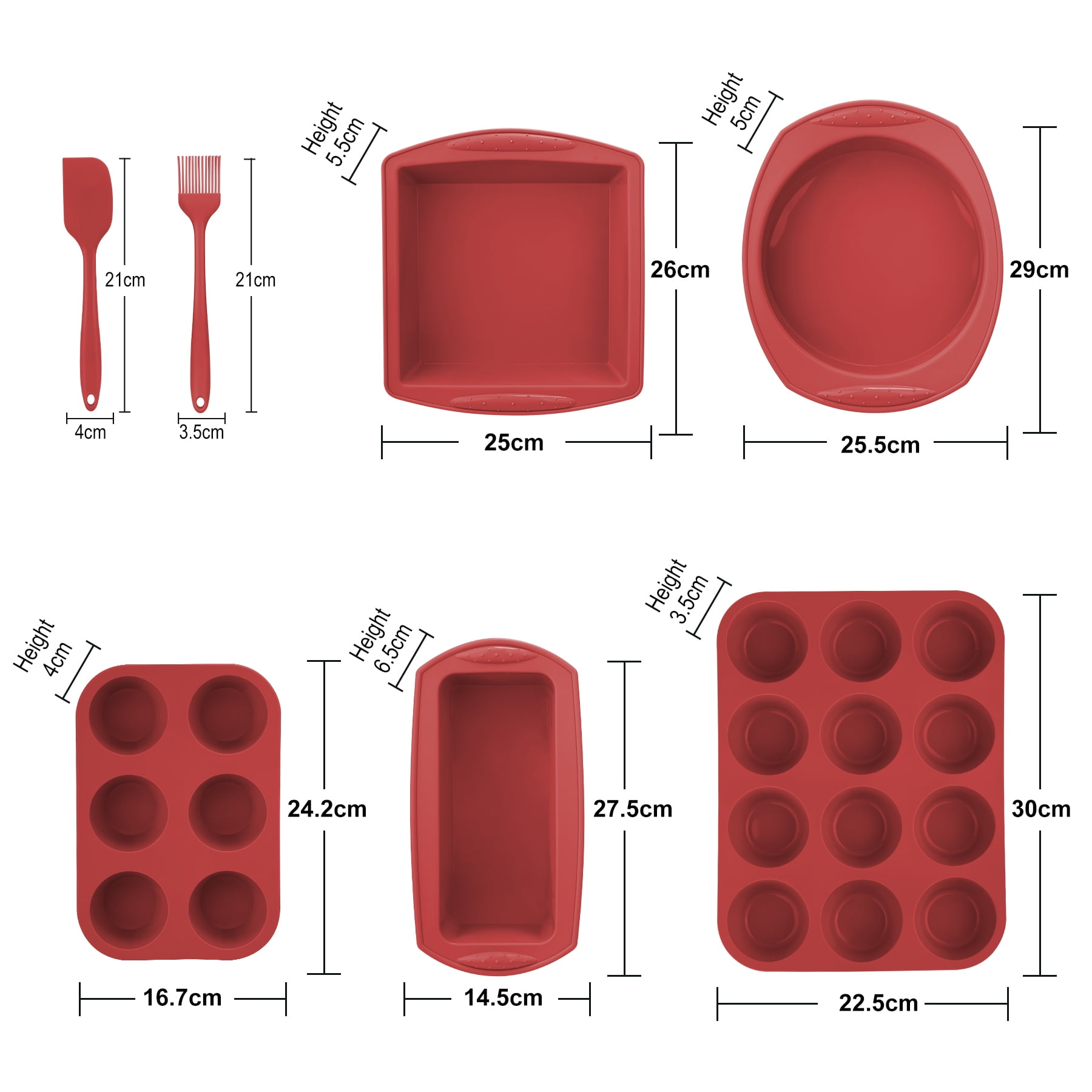 Aschef 7-Piece Non-Stick Silicone Baking Tray Set, Muffin, Loaf, Bread, Pizza, and Cake Pan-Red