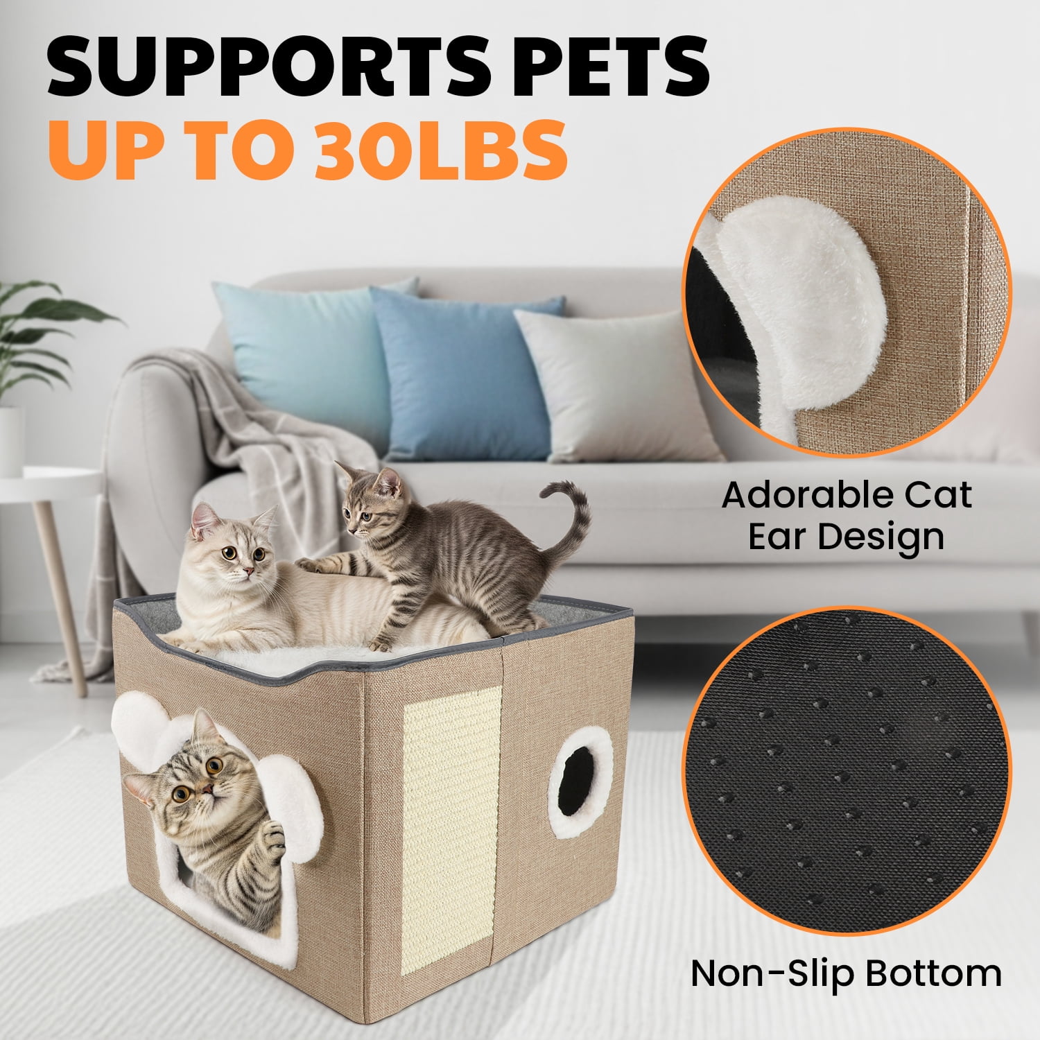MASBRILL Cat Beds for Indoor Cats - Large Pet Cat Bed Cave with Scratch Pad and Fluffy Ball, Foldable Cat Hideaway for Multi Small Pet