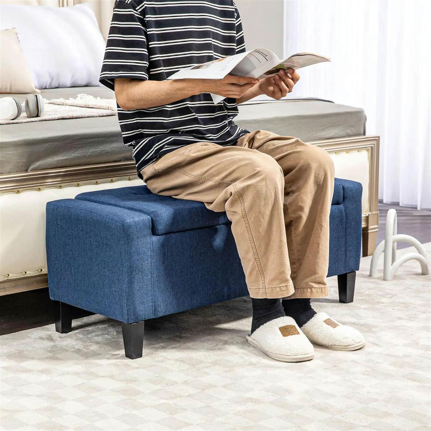 Demi Bonn 36" Upholstered Ottoman Bench, Button Tufted Storage Ottoman with Hidden Compartment, Lift-Top Ottoman for Living Room, Blue