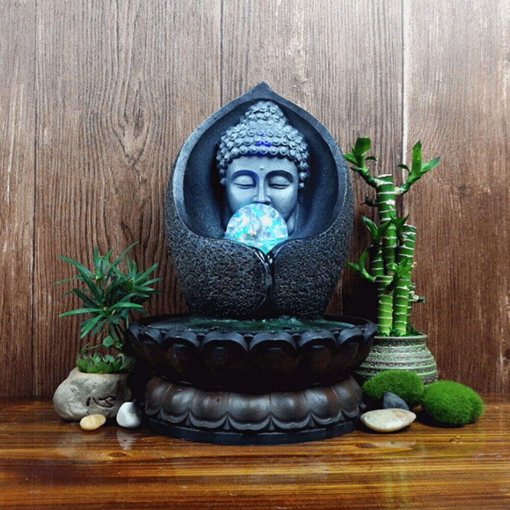 Flowing Water LED Fountain Resin Buddha Statue Feng Shui Ornament Home Decor 