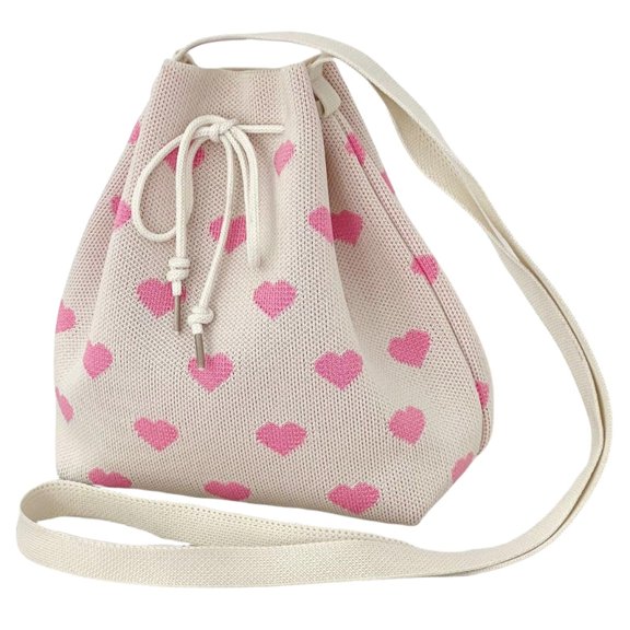Women Heart Shoulder Bag Heart Crossbody Bag Large Capacity Messenger Bag Drawstring Bucket Bag Knitted Handbag