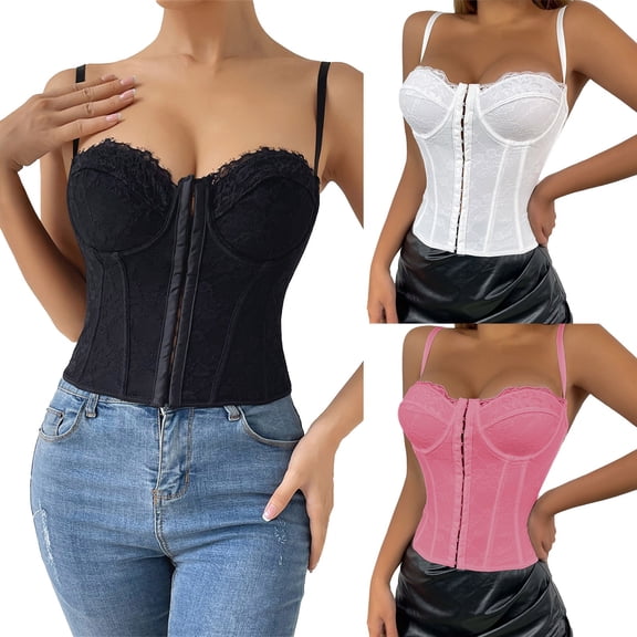 IWRICH Lace Corset Top for Women Mesh Bustier Spaghetti Strap Urban Corset Tops Open Back Going out Party Crop Tops White S