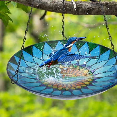 MUMTOP 12" Glass Kaleidoscope Hanging Outdoor Bird Bath, Orange