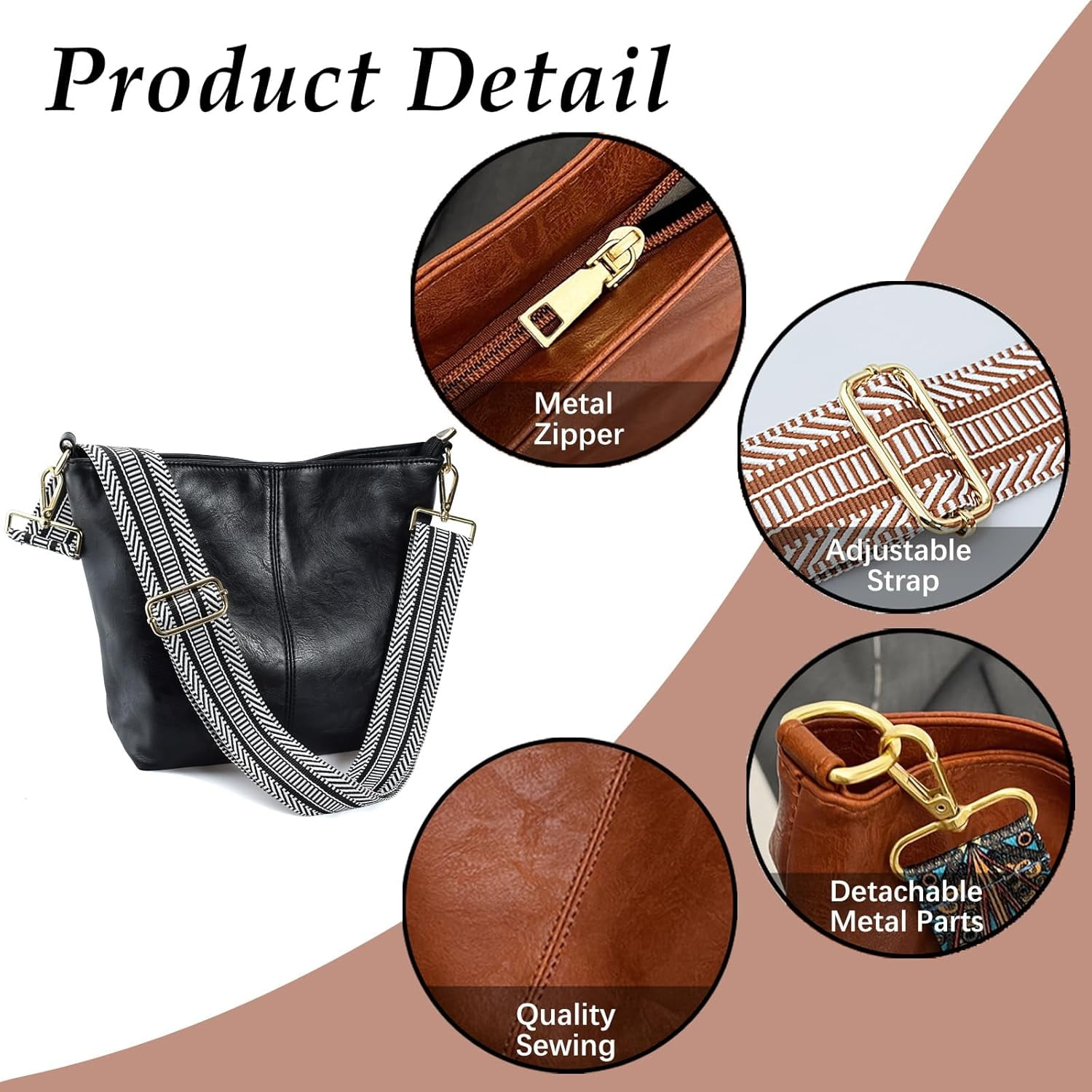 Kwuty Hobo Bags Vegan Leather Crossbody Bag Guitar Strap Shoulder Purses with Zipper Handbags for Women（Black）