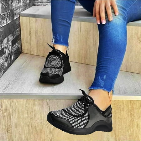

Ladies Fashion Color Blocking Mesh Leather Patch Lace Up Thick Soled Casual Sports Shoes
