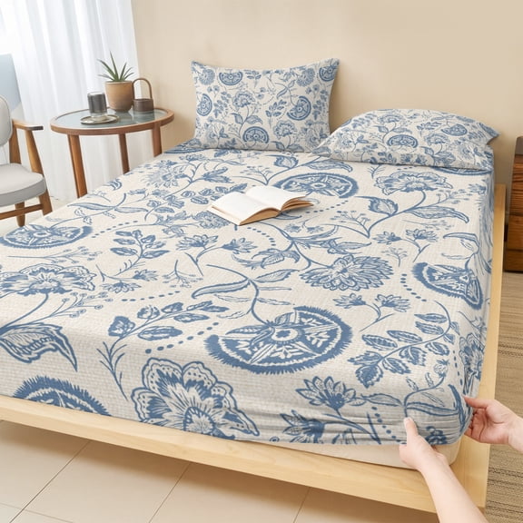 King Size Fitted Sheet Set - Blue Paisley 3 Piece Bedding Sets 16" Deep Pocket Fitted Sheet with 2 Pillowcases, Vintage Boho Flower Botanical Leaf Branch Brushed Microfiber Hotel Luxury Bed Sheets