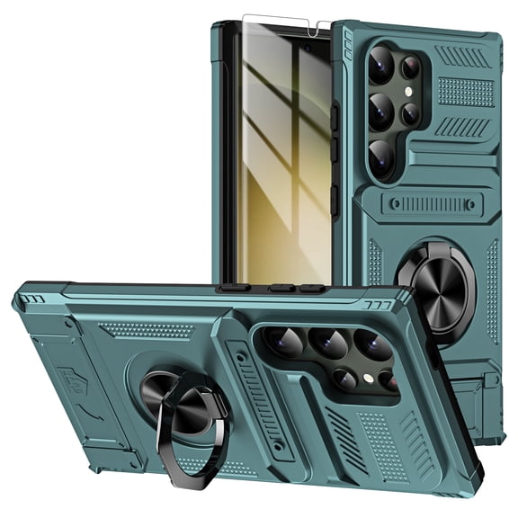 ELEHOLD for Samsung Galaxy S24 Ultra Rugged Hard Case with Metal Ring Holder Kickstand Work with Magnetic Car Mount Hidden Card Slot Pocket Shockproof Armor Cover with 1 Pack Screen Protector,Green