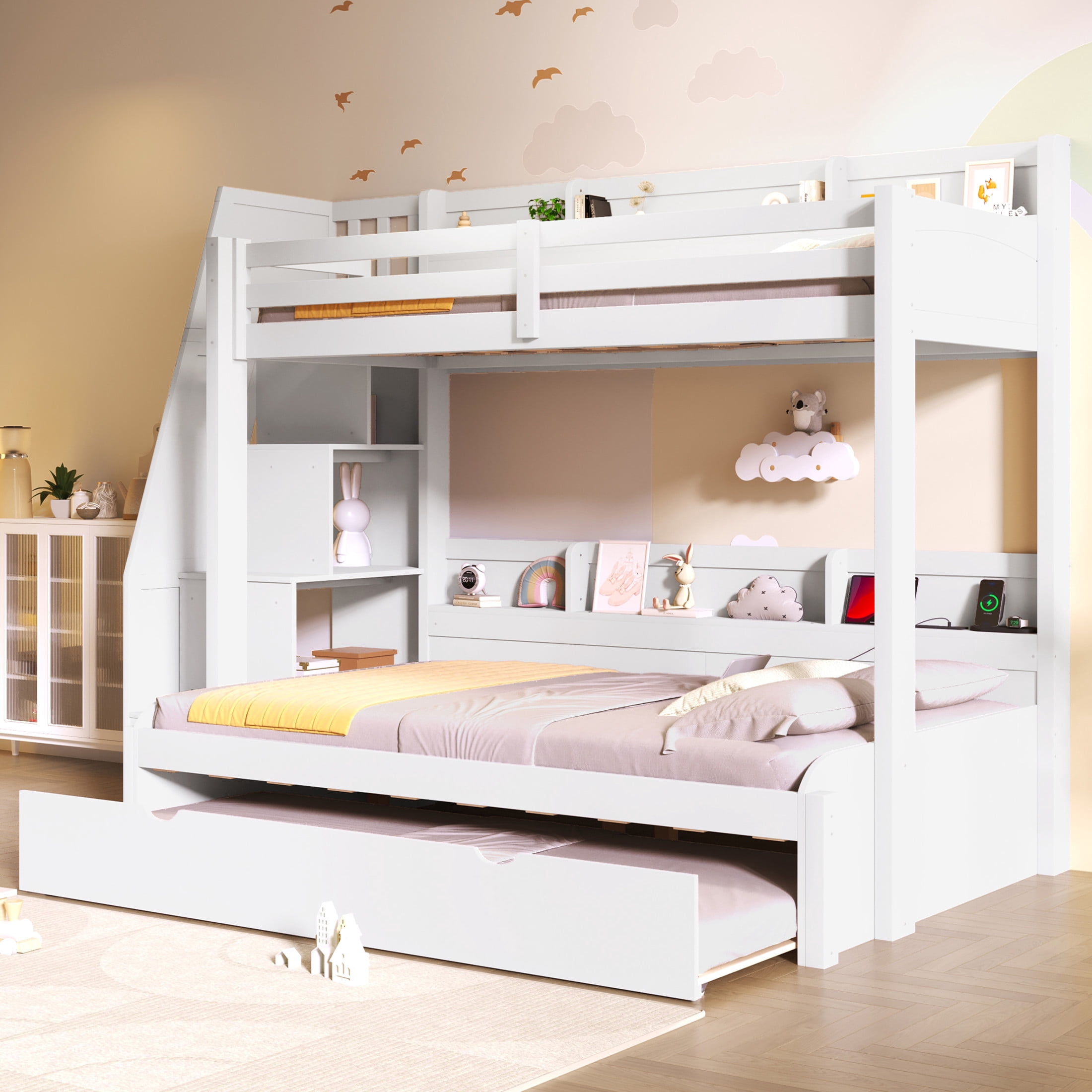 Noble House Aldorin Twin over Full Bunk Bed with Storage Staircase and Trundle, LED Light and Charging Ports, White