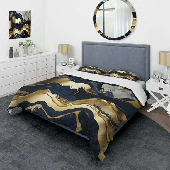 Designart "Mesmerizing Marble Abstraction Blue and Gold I" Abstract Marble Bedding Covert Set - Modern Blue Abstract Bed Set With 2 Shams