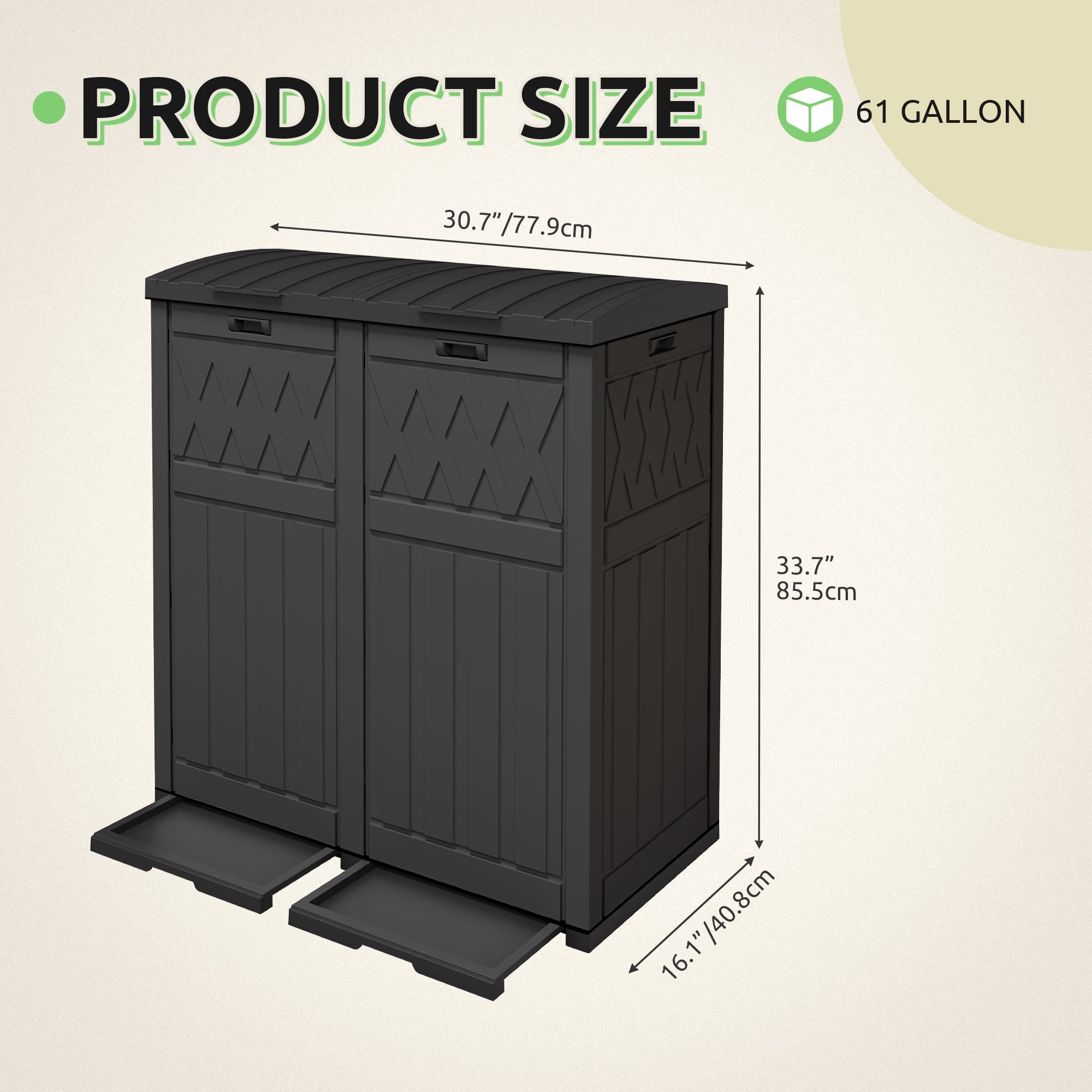 Uforic 62 Gallon Double Compartment Outdoor Trash Can, Waterproof Resin Garbage Bin with Tiered Lid and Drip Tray for Patio, Deck, Backyard, Black