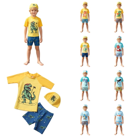 Y-Sunset Boy Quick Dry Swimsuits 3 Piece Swim Set Beach Swim Trunks Top TShirt Swimming Cap Sun Protection Bathing Suit Swimwear Kids 2-3 Years&Yellow#02