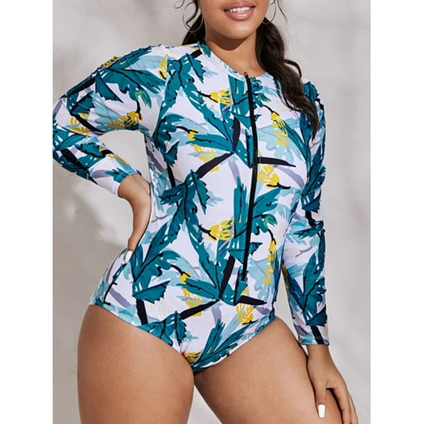 Charmo Womens One Piece Swimsuit Plus Size Long Sleeve Front Zipper Rash  Guard Swimwear