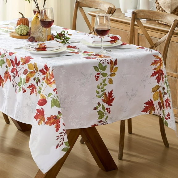 Newbridge Thanksgiving Autumnal Green and Red Flourishing Leaves 52 x 52 inch Square Fabric Dining Tablecloth